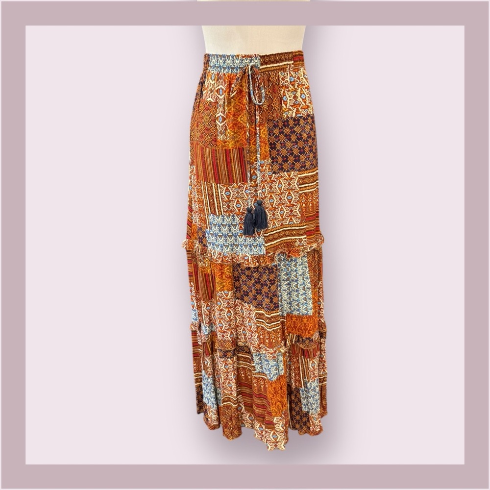 Main Strip Patchwork Print Tiered Maxi Skirt - image 2